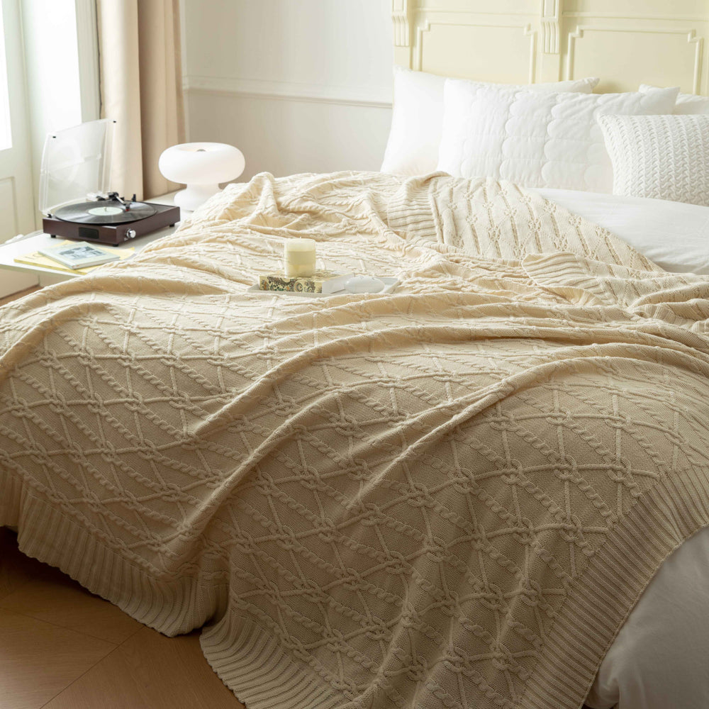 Beige Classic Knit Cotton Blanket