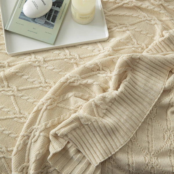 Beige Classic Knit Cotton Blanket