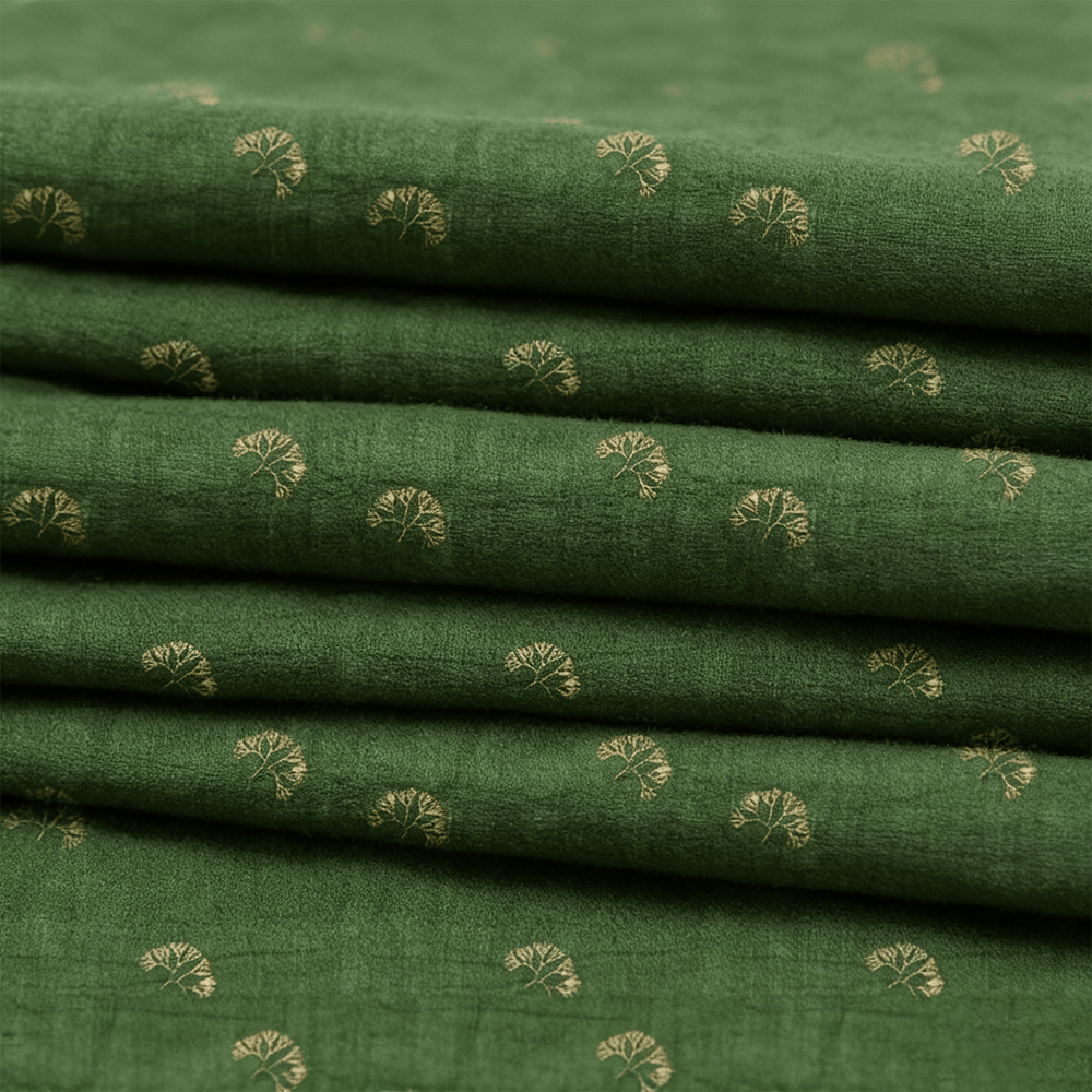 Ramie-Tencel Woven Fabric, Plain Dyeing, Small Leaf Pattern, Natural Unfinished Look, Fresh Vintage Style