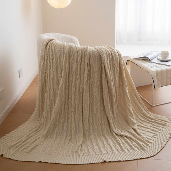 Beige Classic Knit Cotton Blanket