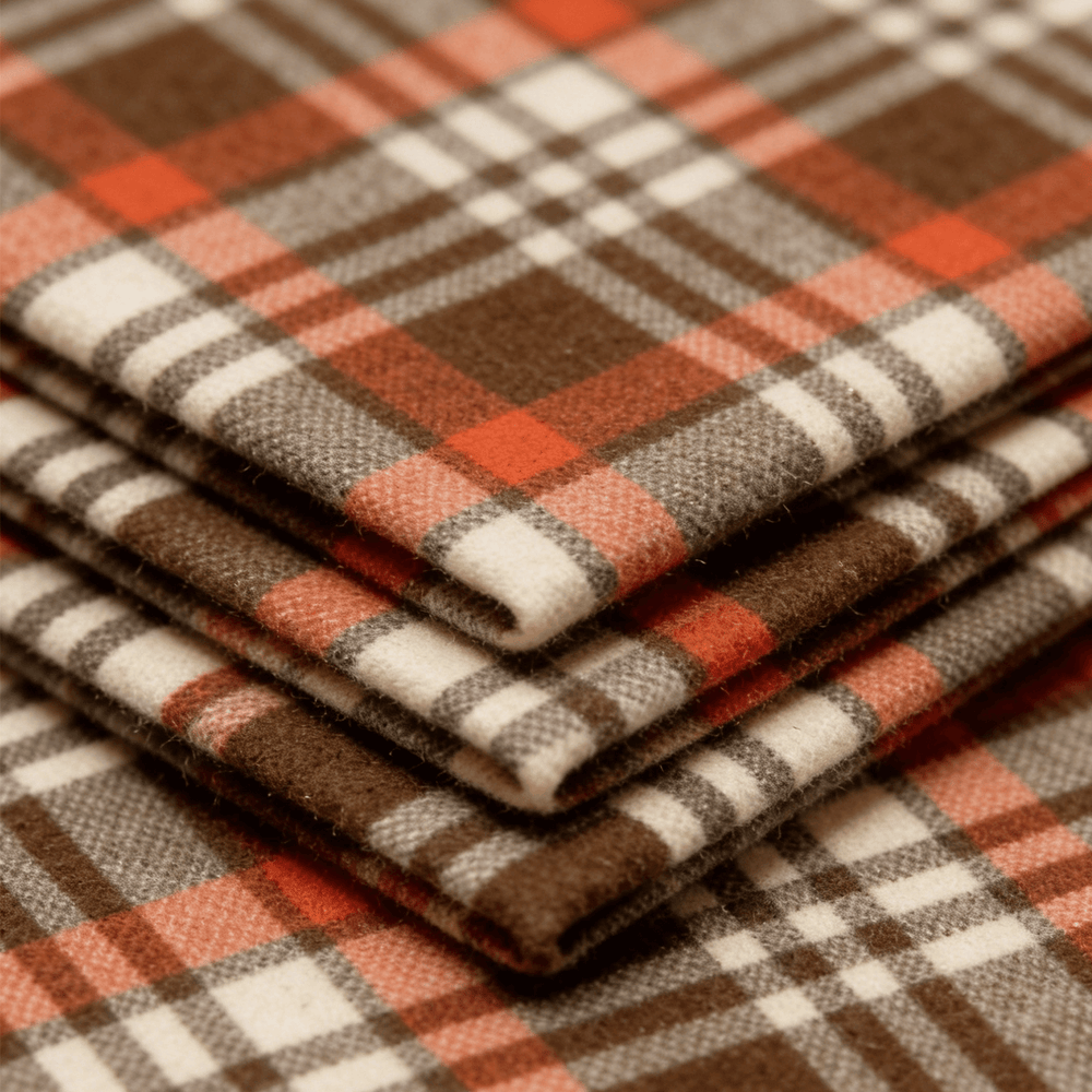 100% Wool Double-Sided Check Fabric - Yarn-Dyed, Brushed Finish